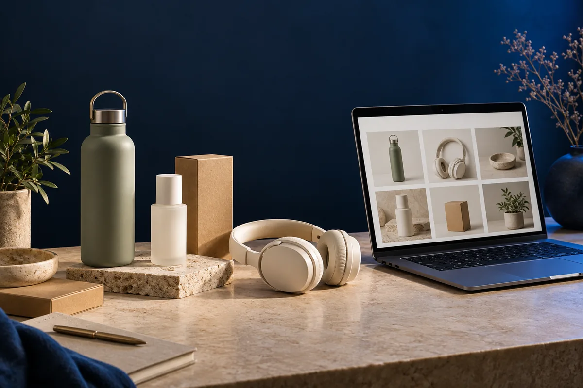 Illustrative ecommerce workspace with product packaging and an online product catalog