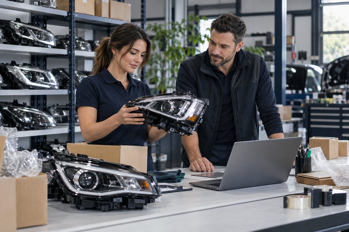 Automotive lighting products reviewed in a clean workshop and ecommerce packing area