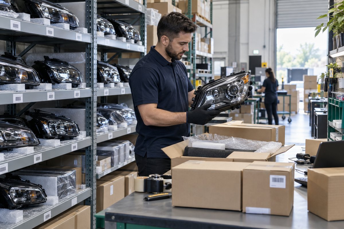 Organized auto-parts inventory and fulfillment station with packaged headlight products