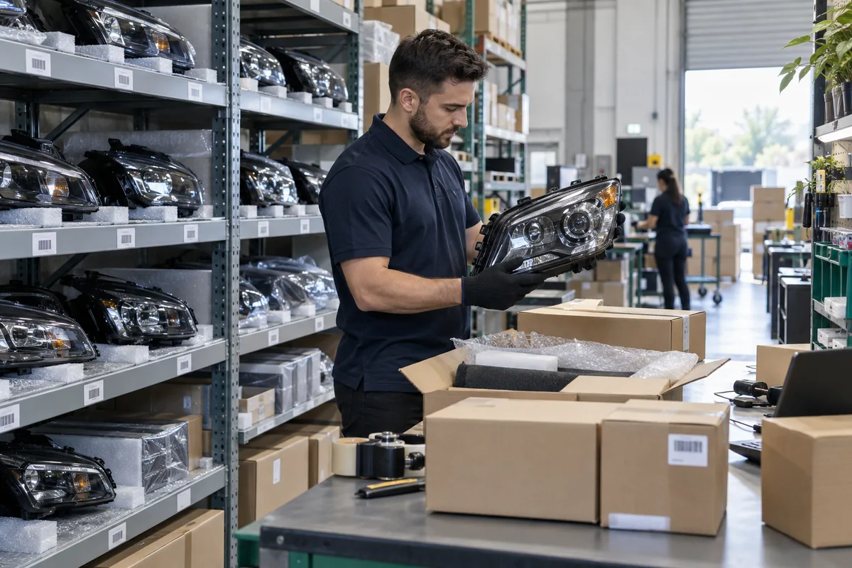 Protective packaging being prepared around an automotive headlight