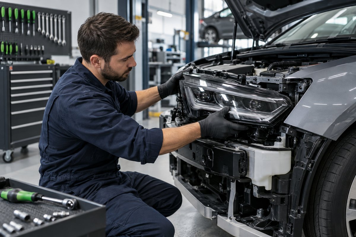 Technician installing an automotive headlight assembly on an unbranded vehicle